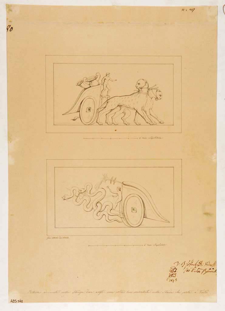 VII.3.21 Pompeii. 1843 drawings by G. Abbate of two chariots that decorated the walls but are now vanishing.
The top chariot is of Dionysus, identified by the panthers, a rhyton and kantharos.
The lower chariot is of Demeter (Ceres) pulled by serpents and guided by a young child who holds a torch in the left hand.
Now in Naples Archaeological Museum. Inventory number ADS 562.
Photo  ICCD. https://www.catalogo.beniculturali.it
Utilizzabili alle condizioni della licenza Attribuzione - Non commerciale - Condividi allo stesso modo 2.5 Italia (CC BY-NC-SA 2.5 IT)
