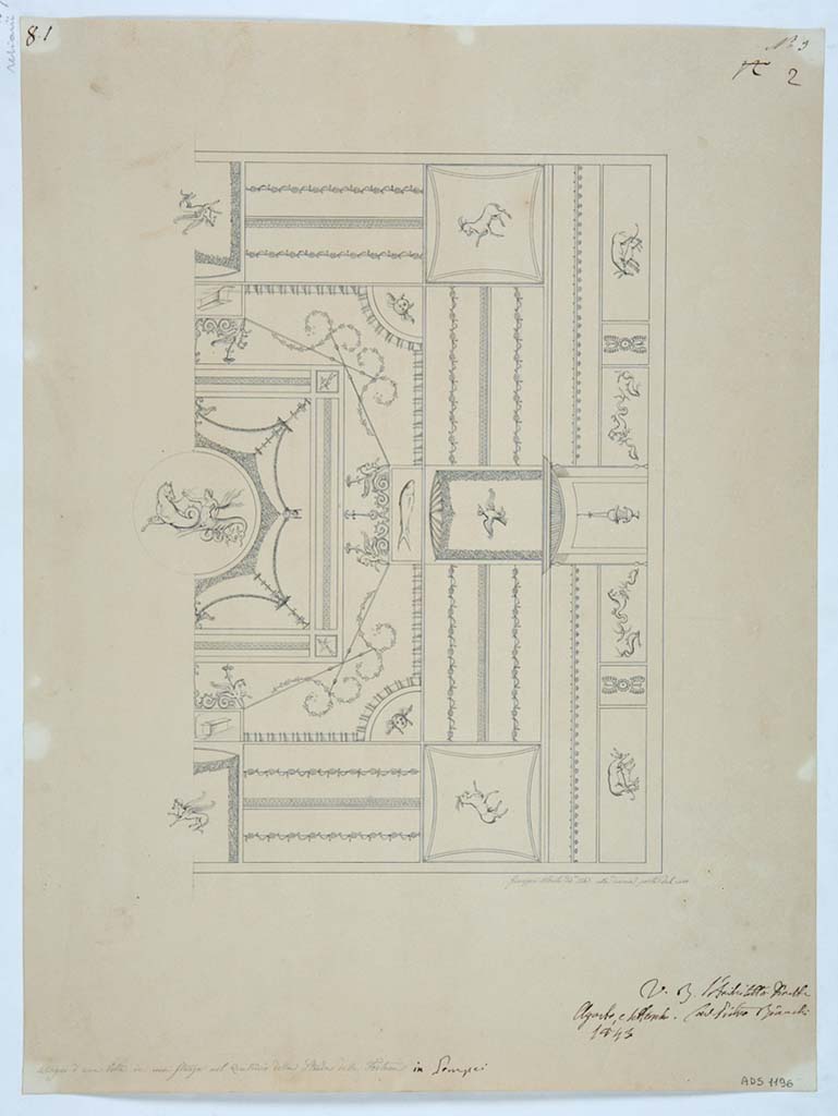 VII.3.21 Pompeii. Drawing by Giuseppe Abbate, 1843, showing one half of the ceiling of the triclinium.
Now in Naples Archaeological Museum. Inventory number ADS 1196.
Photo  ICCD. https://www.catalogo.beniculturali.it
Utilizzabili alle condizioni della licenza Attribuzione - Non commerciale - Condividi allo stesso modo 2.5 Italia (CC BY-NC-SA 2.5 IT)
