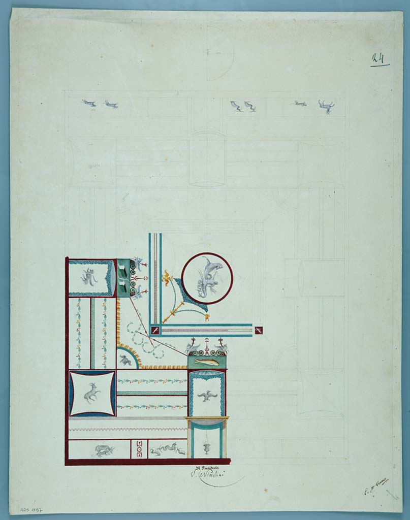 VII.3.21 Pompeii. Painting of one quarter of vaulted ceiling of triclinium, by Pasquale Maria Veneri.
Now in Naples Archaeological Museum. Inventory number ADS 1197.
Photo  ICCD. https://www.catalogo.beniculturali.it
Utilizzabili alle condizioni della licenza Attribuzione - Non commerciale - Condividi allo stesso modo 2.5 Italia (CC BY-NC-SA 2.5 IT)
