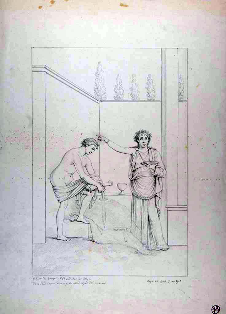 VII.3.29 Pompeii. Drawing by Nicola La Volpe of painting from south wall of triclinium.
Now in Naples Archaeological Museum. Inventory number ADS 565.
Photo  ICCD. https://www.catalogo.beniculturali.it
Utilizzabili alle condizioni della licenza Attribuzione - Non commerciale - Condividi allo stesso modo 2.5 Italia (CC BY-NC-SA 2.5 IT)
The original fresco is now in Naples Museum, inventory number 120086.
