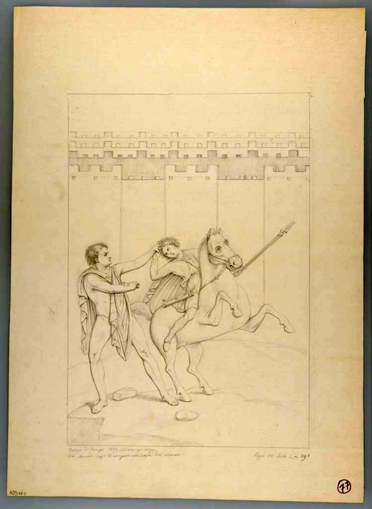 VII.3.29 Pompeii. 1867 drawing by N. La Volpe of painting of a hero and an Amazon on horseback from north wall of the triclinium.
Now in Naples Archaeological Museum. Inventory number ADS 567.
Photo  ICCD. https://www.catalogo.beniculturali.it
Utilizzabili alle condizioni della licenza Attribuzione - Non commerciale - Condividi allo stesso modo 2.5 Italia (CC BY-NC-SA 2.5 IT)
