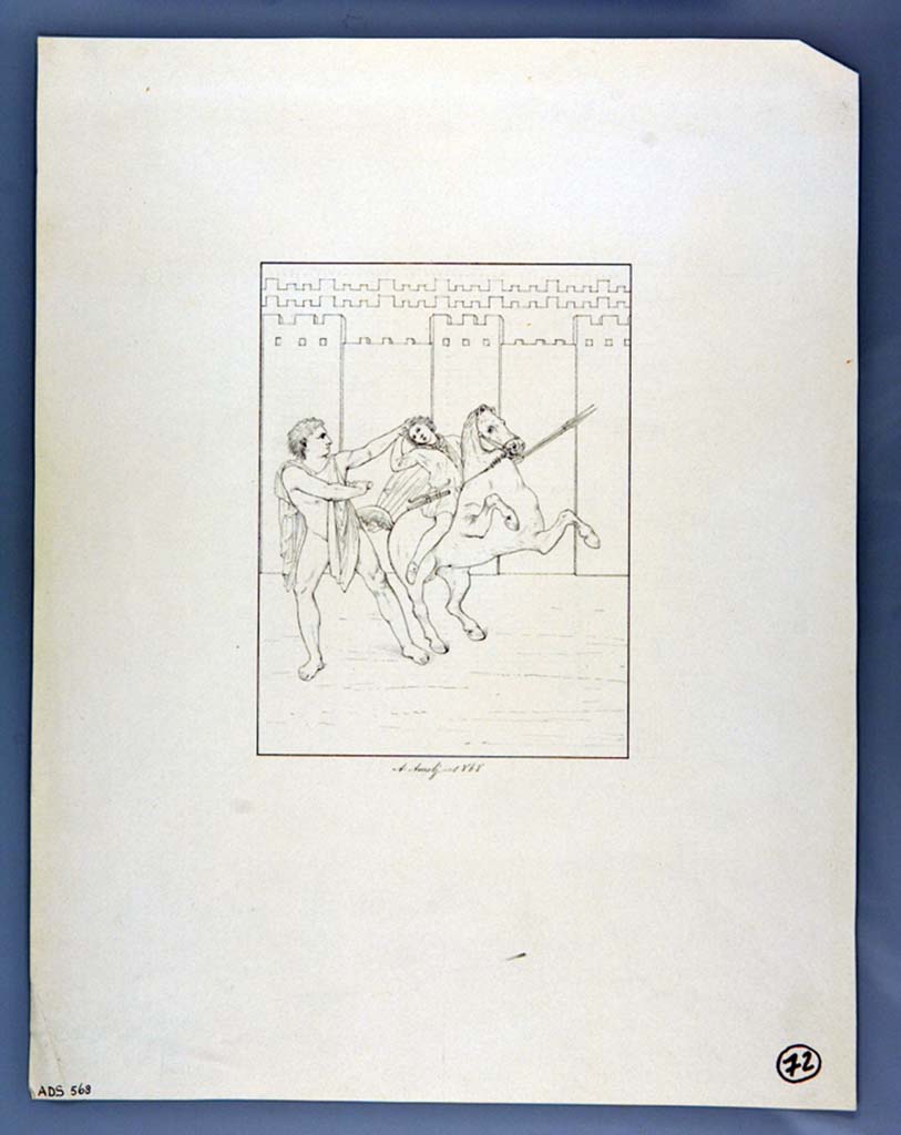 VII.3.29 Pompeii. 1868 drawing by A. Aurelj of painting of a hero and an Amazon on horseback from north wall of the triclinium.
Now in Naples Archaeological Museum. Inventory number ADS 568.
Photo  ICCD. http://www.catalogo.beniculturali.it
Utilizzabili alle condizioni della licenza Attribuzione - Non commerciale - Condividi allo stesso modo 2.5 Italia (CC BY-NC-SA 2.5 IT)
