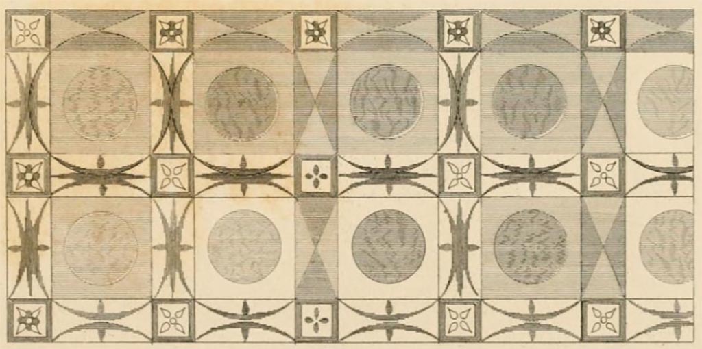 VII.4.10 Pompeii. 1832. Drawing by Gell of marble pavement. 
According to Gell: The marble pavement is pretty, but it is not easy to discover by what rule the colours were distributed.
See Gell, W, 1832.  Pompeiana: Vol 2.  London: Jennings and Chaplin. Plate LXXXVIII. Appendices, p.164
