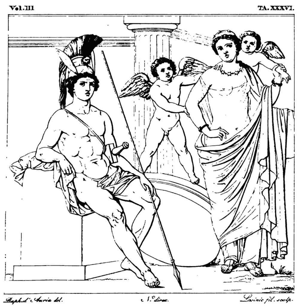 VII.4.22/23 Pompeii. Pre 1827. Drawing of painting of Mars and Venus.
According to Real Museo Borbonico 
Questo dipinto per venusta e per grazia sopra ogni altro singolare adornava la stanza accanto alla porta della casa di un pompeiano, che abitava dirimpetto lingresso laterale delledificio volgarmente detto Panteon.
(This painting adorned the room next to the door of a Pompeian, who lived opposite the side entrance of a building commonly called the Pantheon.). [VII.9.19/7/8]
See Real Museo Borbonico Vol. III, 1827, Tav. XXXVI.
See Helbig, W., 1868. Wandgemlde der vom Vesuv verschtteten Stdte Campaniens. Leipzig: Breitkopf und Hrtel, no. 327.
(Note: this could have been found in either VII.4.21, 22 or 23).
