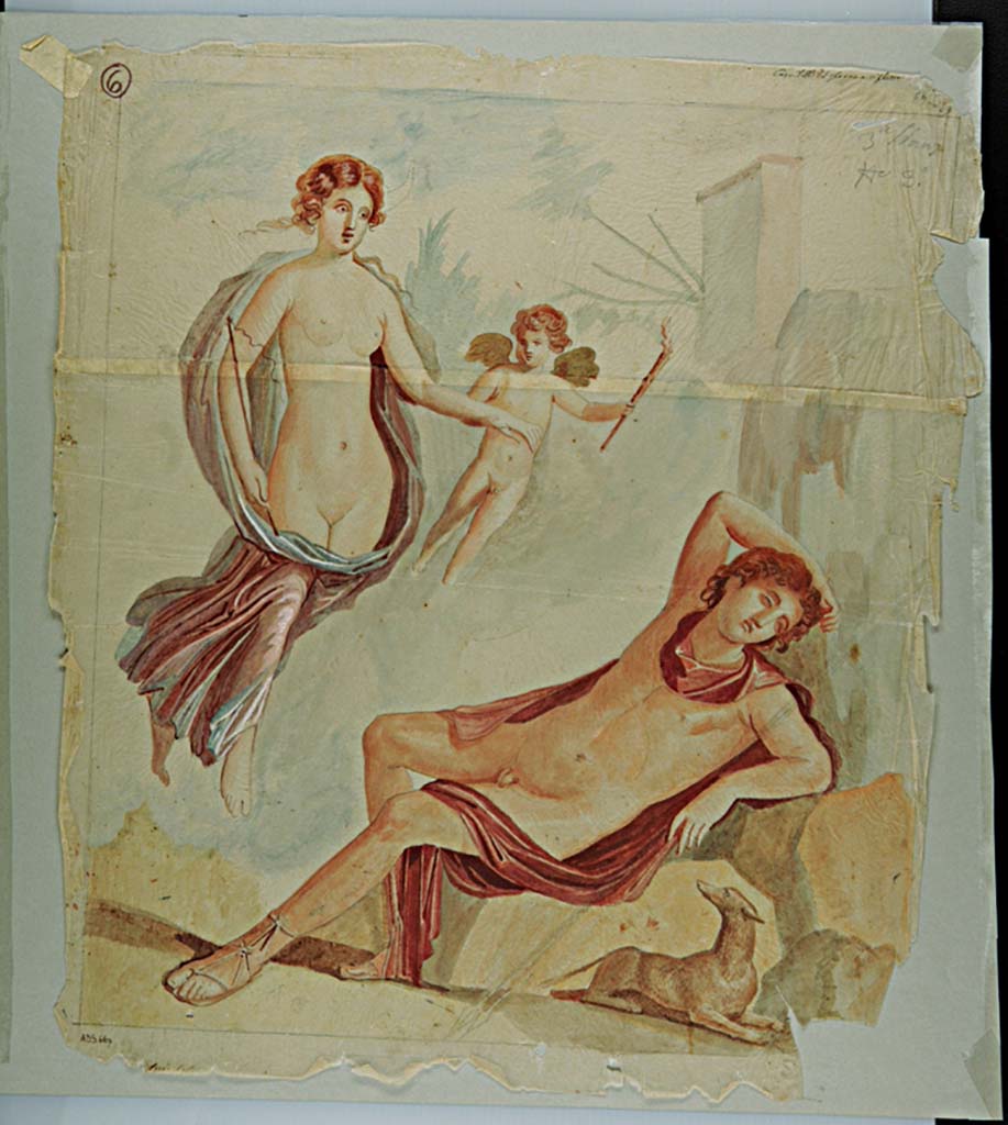 VII.4.29 Pompeii. Painting by Giuseppe Marsigli, of Selene and Endymion, painting now faded and lost. 
Found in the same room, as the painting of Perseus and Andromeda.
According to Fiorelli, there was also a painting of the Three Graces.
See Pappalardo, U., 2001. La Descrizione di Pompei per Giuseppe Fiorelli (1875). Napoli: Massa Editore. (p,90).
See Helbig, W., 1868. Wandgemlde der vom Vesuv verschtteten Stdte Campaniens. Leipzig: Breitkopf und Hrtel, (954).
Now in Naples Archaeological Museum. Inventory number ADS 667.
Photo  ICCD. https://www.catalogo.beniculturali.it/
Utilizzabili alle condizioni della licenza Attribuzione - Non commerciale - Condividi allo stesso modo 2.5 Italia (CC BY-NC-SA 2.5 IT)
