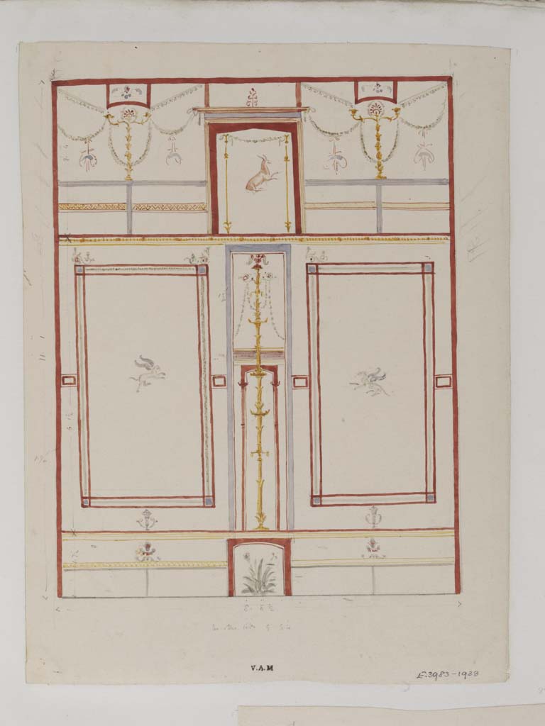 VII.4.31/51 Pompeii. c.1840. Watercolour painting by James William Wild, looking towards west wall of cubiculum 33.
Photo  Victoria and Albert Museum, inventory number E.3983-1938.
