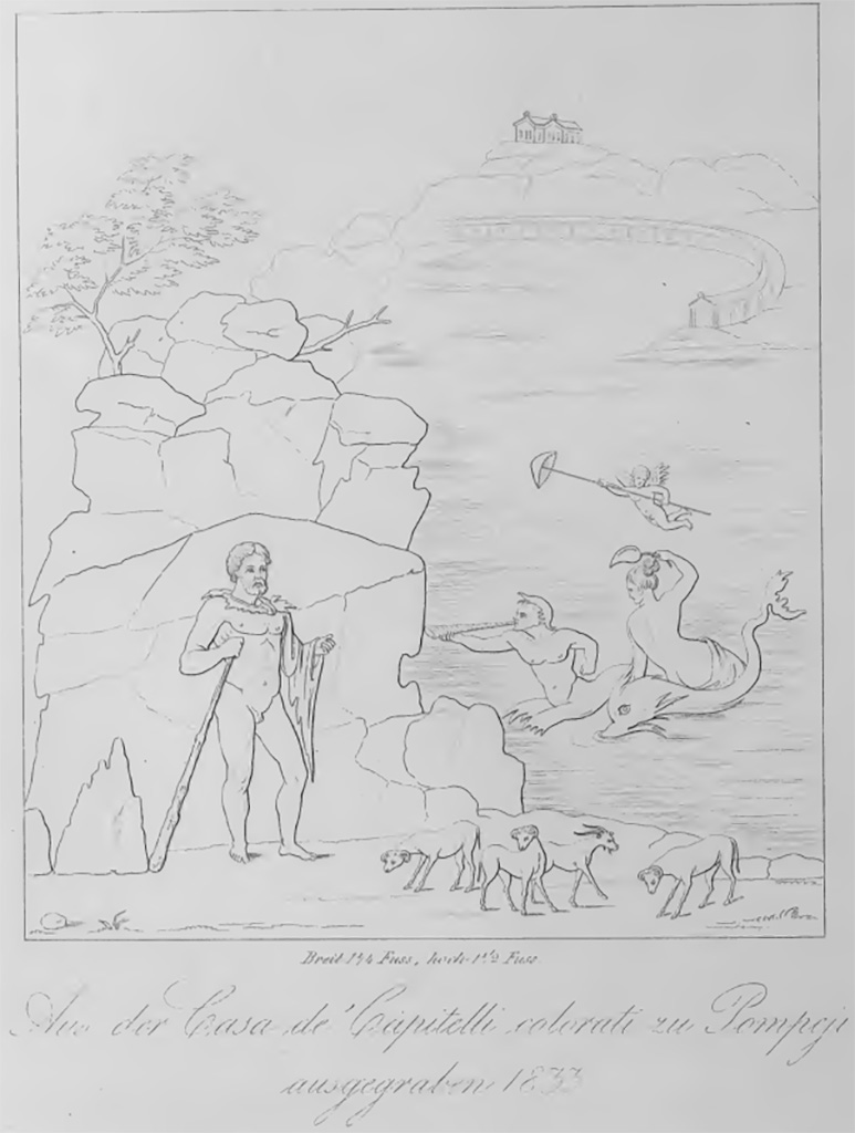 VII.4.31/51 Pompeii. 1842. 
Room 22, west wall. Drawing of the central wall painting of Polyphemus, looking out to sea at his beloved Galatea.  
Now in Naples Museum. Inventory number 8886.
See Zahn, W., 1842. Die schönsten Ornamente und merkwürdigsten Gemälde aus Pompeji, Herkulanum und Stabiae: II. Berlin: Reimer, Tav. 30.
