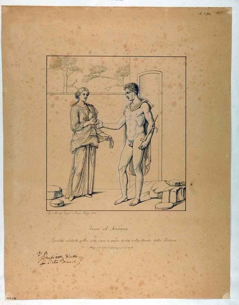 VII.4.48 Pompeii. Room 11, east wall of tablinum. 
Drawing by Giuseppe Marsigli, May 1834, of Arianna giving Theseus the ball of thread to exit the labyrinth. 
See Helbig, W., 1868. Wandgemälde der vom Vesuv verschütteten Städte Campaniens. Leipzig: Breitkopf und Härtel. (1211).
Now in Naples Archaeological Museum. Inventory number ADS 579.
Photo © ICCD. https://www.catalogo.beniculturali.it/
Utilizzabili alle condizioni della licenza Attribuzione - Non commerciale - Condividi allo stesso modo 2.5 Italia (CC BY-NC-SA 2.5 IT)
