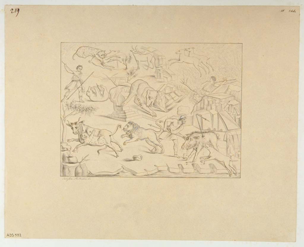 VII.4.48 Pompeii. Drawing by Serafino Mastracchio, of the hunt scene, now faded.
Now in Naples Archaeological Museum. Inventory number ADS 592.
Photo © ICCD. http://www.catalogo.beniculturali.it
Utilizzabili alle condizioni della licenza Attribuzione - Non commerciale - Condividi allo stesso modo 2.5 Italia (CC BY-NC-SA 2.5 IT)
See Helbig, W., 1868. Wandgemälde der vom Vesuv verschütteten Städte Campaniens. Leipzig: Breitkopf und Härtel, 1520.
