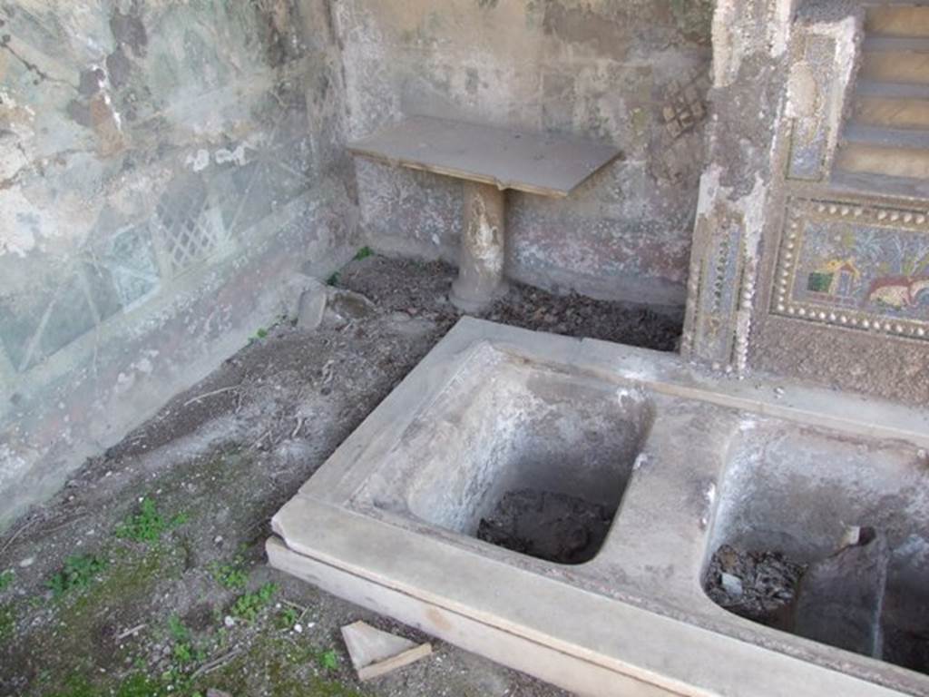 VII.4.56 Pompeii.  March 2009. South east corner of Garden area. Garden painting. Garden table, fountain and pool.