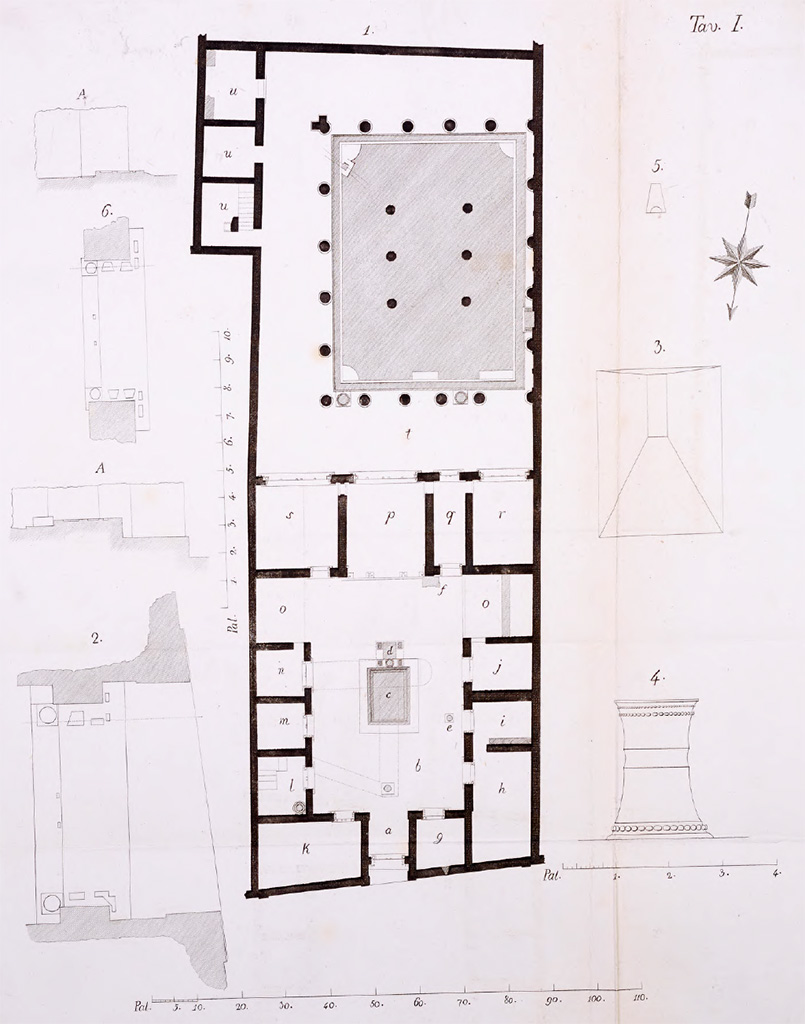 VII.4.57 Pompeii. Plan of the house described by Avellino.
See Avellino, F. M. Descrizione di una Casa Pompejana Disotterrata in Pompeii nell’anno 1831, 1832, 1833 la terza alle spalle del tempio della Fortuna Augusta. Naples, 1837, tav.1.
