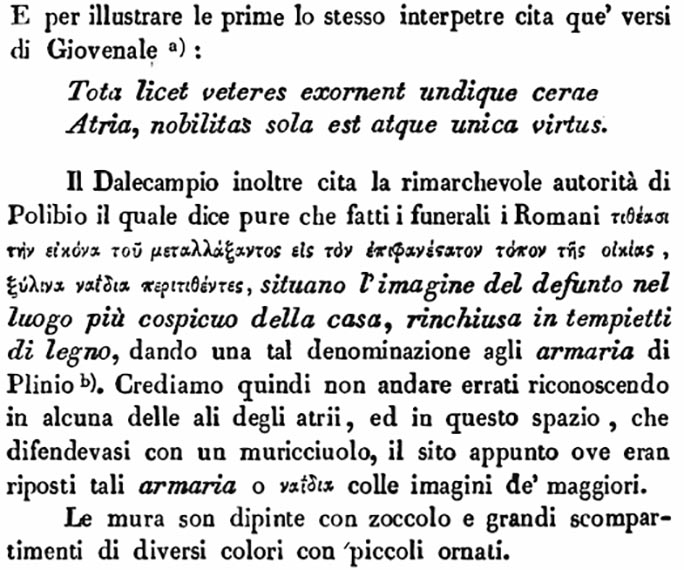 VII.4.57 Pompeii. Room 9, ala on west side of atrium. Description by Avellino.
See Avellino, F. M. Descrizione di una Casa Pompejana Disotterrata in Pompeii nell’anno 1831, 1832, 1833 la terza alle spalle del tempio della Fortuna Augusta. Naples, 1837, p. 22.
