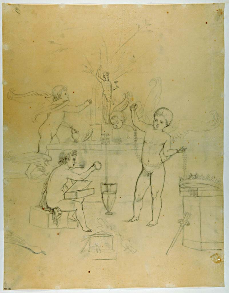 VII.4.59 Pompeii. Drawing of Cupids playing with the attributes of Aphrodite next to a statue of Priapus
Found on the west wall of Exedra or triclinium y. 
See Real Museo Borbonico, XI, 1835, Tav. XVI, signed by La Volpe.
Now in Naples Archaeological Museum. Inventory number ADS 674.
Photo © ICCD. https://www.catalogo.beniculturali.it/
Utilizzabili alle condizioni della licenza Attribuzione - Non commerciale - Condividi allo stesso modo 2.5 Italia (CC BY-NC-SA 2.5 IT)
