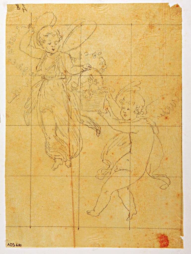 VII.4.59 Pompeii. 
Drawing attributed to Giuseppe Abbate, of cupid and Psyche from one of the side panels of the exedra or triclinium y. 
Now in Naples Archaeological Museum. Inventory number ADS 680.
Photo © ICCD. https://www.catalogo.beniculturali.it/
Utilizzabili alle condizioni della licenza Attribuzione - Non commerciale - Condividi allo stesso modo 2.5 Italia (CC BY-NC-SA 2.5 IT)

