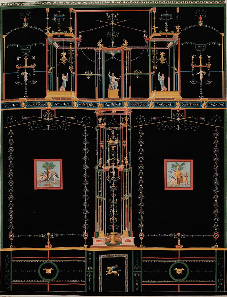 VII.4.59 Pompeii. Exedra or triclinium y, south wall.
Note: The central figure faces right and the other two figures on the upper wall are different to the old postcard, above.
The two paintings in the centre of the side panels are the same, however.
See Zahn, W., 1852. Die schönsten Ornamente und merkwürdigsten Gemälde aus Pompeji, Herkulanum und Stabiae: III. Berlin: Reimer. Taf II, 54.
