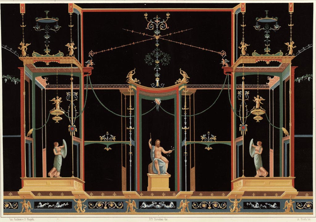 VII.4.59 Pompeii. Painting by Niccolini from south wall of Exedra or triclinium y. In the centre is a sitting Giove (Jupiter).
See Niccolini F, 1862. Le case ed i monumenti di Pompei: Volume Secondo. Napoli, Descrizione Generale Tav. XXVII.
