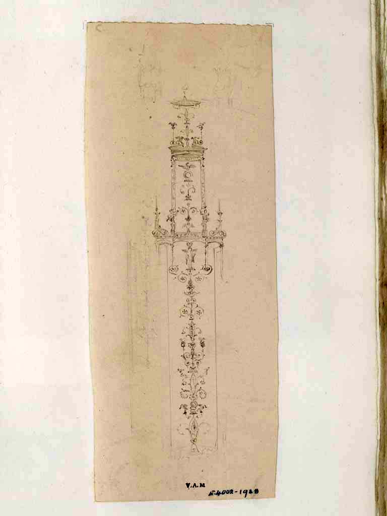 VII.4.59 Pompeii. c.1840. 
Exedra or triclinium y, drawing by James William Wild, showing detail of candelabra separating panels on south wall.  
Photo © Victoria and Albert Museum, inventory number E.4002-1938.

