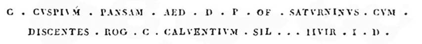 VII.4.60-61 Pompeii. 1829. Inscriptions as printed in BdI. These are recorded as two inscriptions in C.I.L., as CIL IV 275 and CIL IV 276. See Bullettino dell’Instituto di Corrispondenza Archeologica (DAIR), 1829. p. 148. See Corpus Inscriptionum Latinarum Vol. IV, 1871. Berlin: Reimer. p. 22 and p. 194..