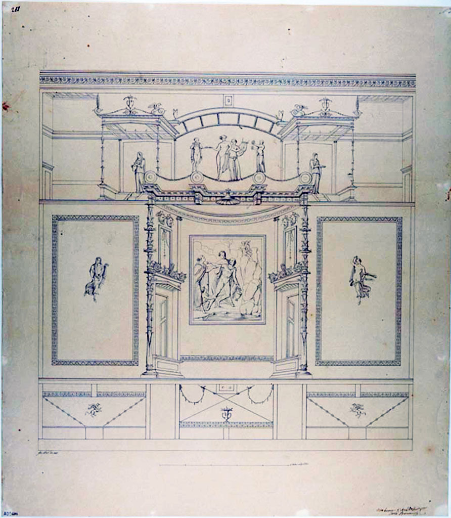 VII.4.62 Pompeii. Triclinium 7, north wall, drawing by Giuseppe Abbate showing the decoration now lost.
Now in Naples Archaeological Museum. Inventory number ADS 684.
Photo  ICCD. http://www.catalogo.beniculturali.it
Utilizzabili alle condizioni della licenza Attribuzione - Non commerciale - Condividi allo stesso modo 2.5 Italia (CC BY-NC-SA 2.5 IT)
The central fresco of the rape of Hylas is now in Naples Archaeological Museum. Inventory number 8882. In the panel on each side is a floating female figure.
In the architectural painting of the upper zone is Dionysus leaning on a Satyr playing the lyre, with a Silenus with tympanum and a Satyr with a flute.
Either side, standing at the top of steps are two female figures with utensils for a sacrifice in their hands.
In the lower zone are panels with two flying horses, crossed thyrsi, twirls of leaves and garlands of leaves.
At the top of the wall was a stucco frieze decorated with shields separating this area of the wall from the lunette above, but it is not included in Abbate's drawing.
The stucco frieze has been dated to the time of Vespasian.
See Carratelli, G. P., 1990-2003. Pompei: Pitture e Mosaici: Vol. VII. Roma: Istituto della enciclopedia italiana, p. 151-2, no. 18.
