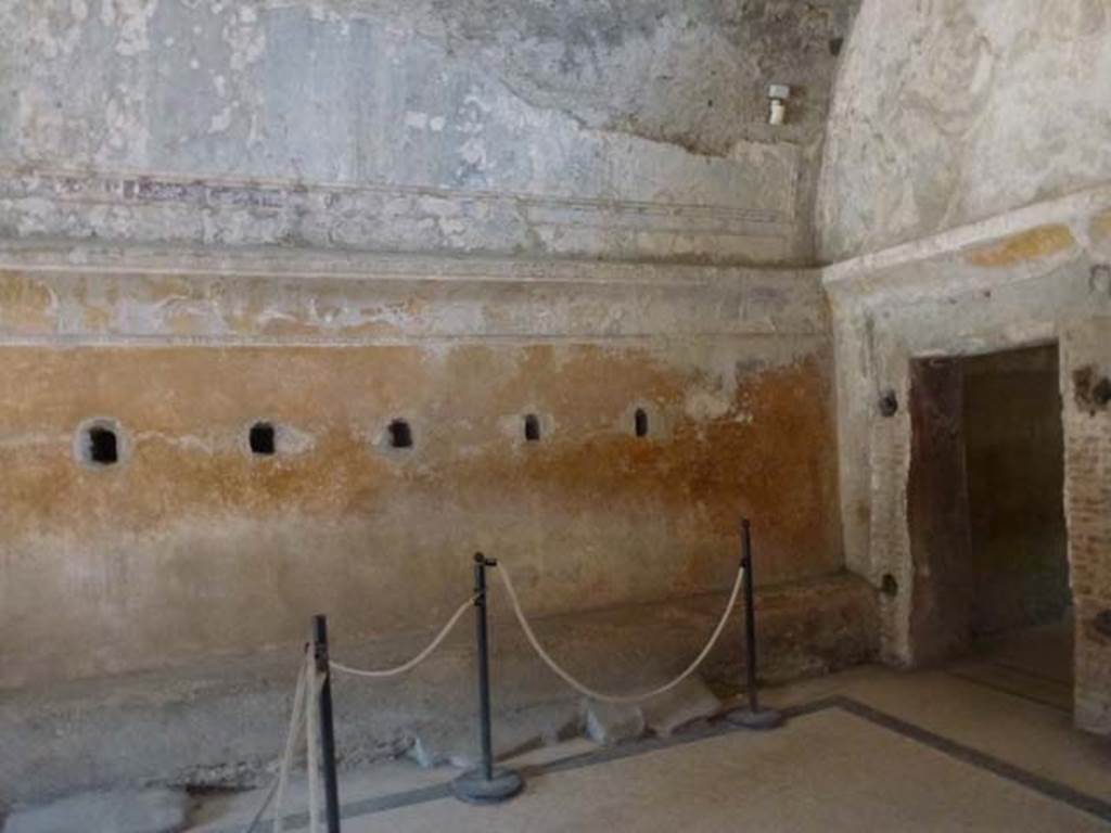 VII.5.24 Pompeii. June 2012. Changing Room (14), with stone bench (15) along base of east wall. Corridor (13) is in the south east corner. Photo courtesy of Michael Binns.