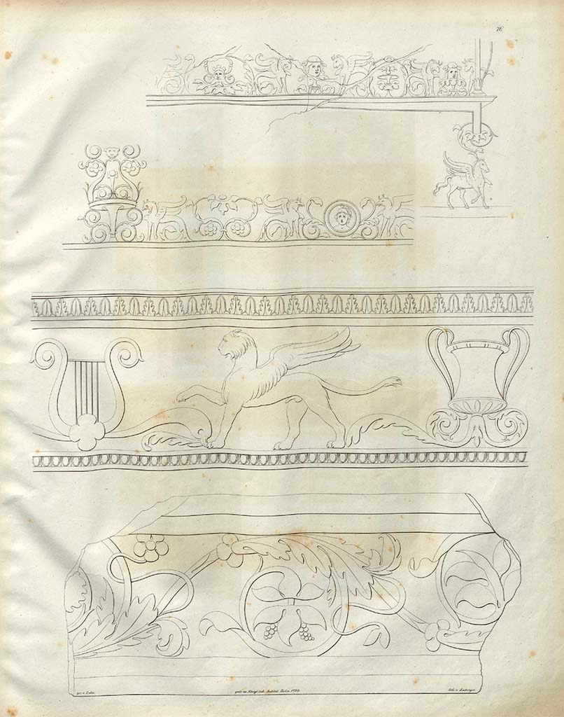 VII.5.24 Pompeii. Pre-1828. 
Drawings by Zahn, in the middle row, the frieze with a panther, was from the Baths. 
The top two drawings are in Naples Museum.
The decoration at the bottom was marble, and in Naples Museum.
See Zahn, W., 1828-29. Die schönsten Ornamente und merkwürdigsten Gemälde aus Pompeji, Herkulanum und Stabiae: I. Berlin: Reimer, taf. 76. 

