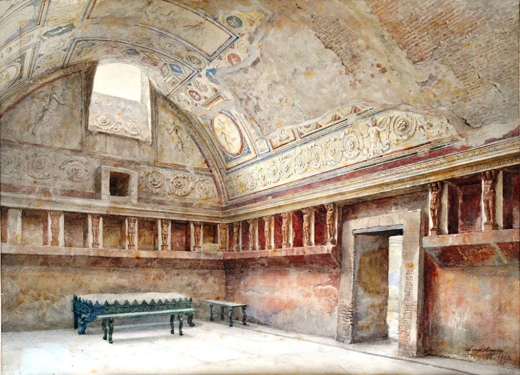 VII.5.24 Pompeii. 1902. 
Watercolour by Luigi Bazzani, looking towards the south-west corner of tepidarium, with doorway to caldarium.
