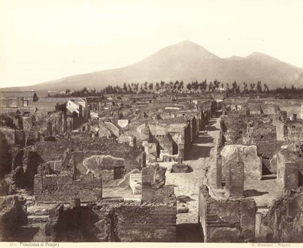 VII.6.7 Pompeii. c.1880-1890.  G. Sommer no.  1259. Looking north from above atrium of VII.6.7.  The entrance doorway would have been the one on the right of the centre of the photo. This shows the north wall of the atrium, and the rear of VII.6.4, 5 and 6.
