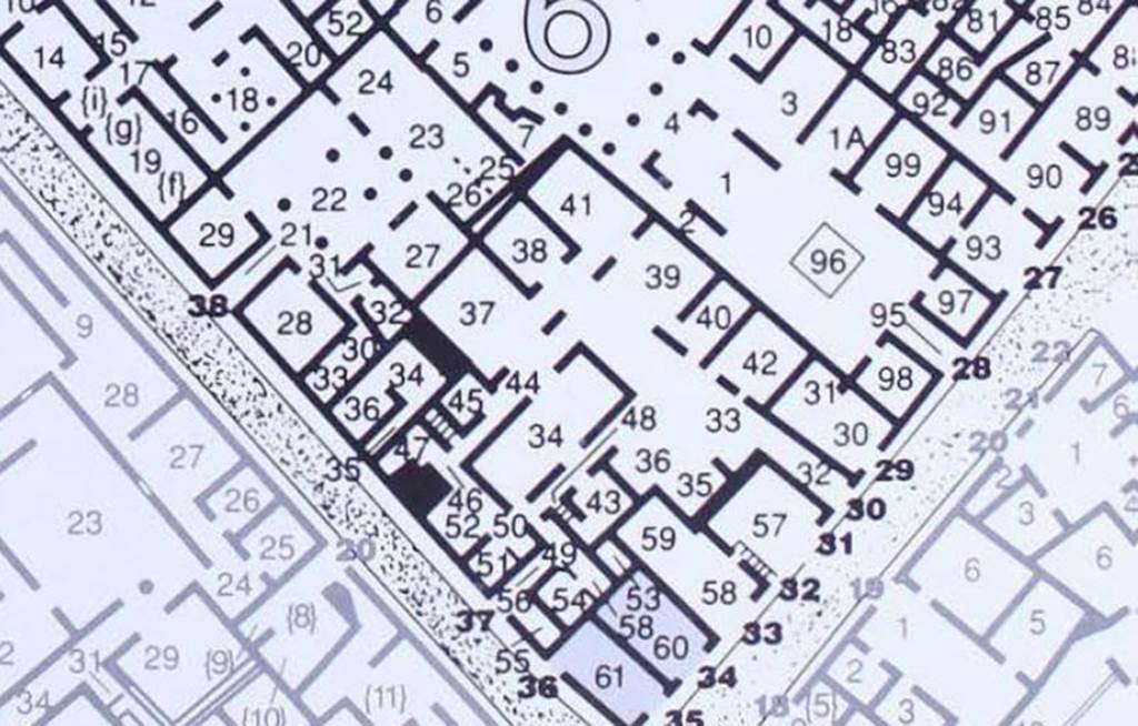 VII.6.30 Pompeii. Plan of entrances VII.6.29 to 38. Plan based on PPM.
See Carratelli, G. P., 1990-2003. Pompei: Pitture e Mosaici: Vol. VII. Roma: Istituto della enciclopedia italiana, p. 197.
