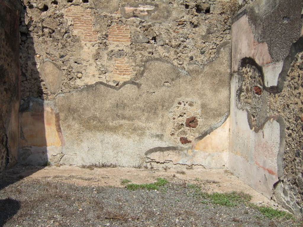 VII.6.30 Pompeii. September 2005. Looking north across a very large room on north side of garden area.  PPP numbered this room as 37, Spano in Nds, numbered it as 137. According to Spano, the main entrance doorway was in the south onto the garden area but it also had a smaller doorway in its south-east corner. It had walls divided into large yellow rectangles, in a frieze of the same colour it showed architectural details. In the black lower area of the walls it was divided into squares decorated with plants. Painted flying cupids, and perhaps also Victory, were shown in the centre of the painted wall panels. The ceiling had been vaulted, the curve of the arch much reduced and fallen, traces existed at the top of the north wall. See Bragantini, de Vos, Badoni, 1986. Pitture e Pavimenti di Pompei, Parte 3. Rome: ICCD. (p.155 and plan). See Spano in Notizie degli Scavi, 1910, (p.482)
