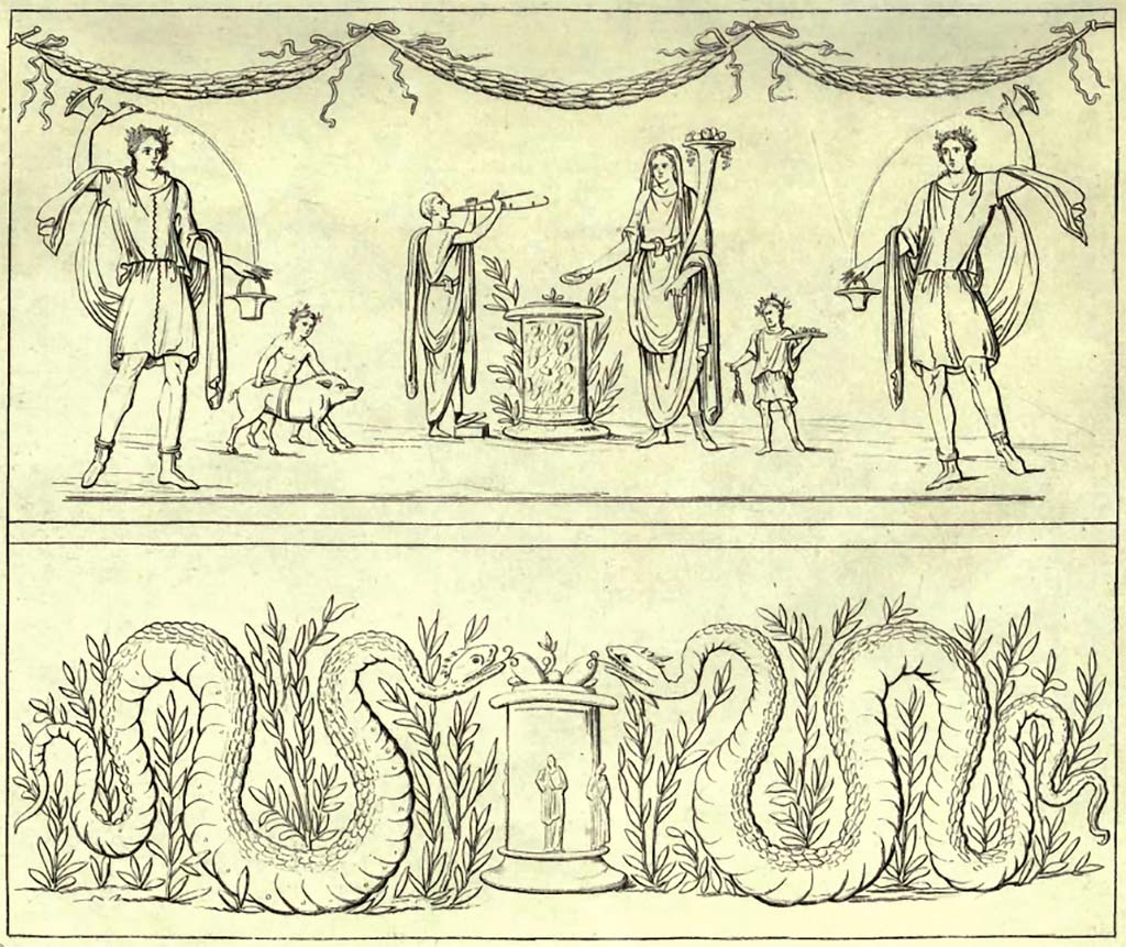 VII.6.38 Pompeii. Pre-1843. Drawing by Abbate of the Lararium painting in the kitchen.
Now in Naples Archaeological Museum, inventory number 8905.
See Raccolta de più interessante Dipinture e di più belle Musaici rinvenuti negli Scavi di Ercolano, di Pompei, e di Stabia. 1843. Napoli.
