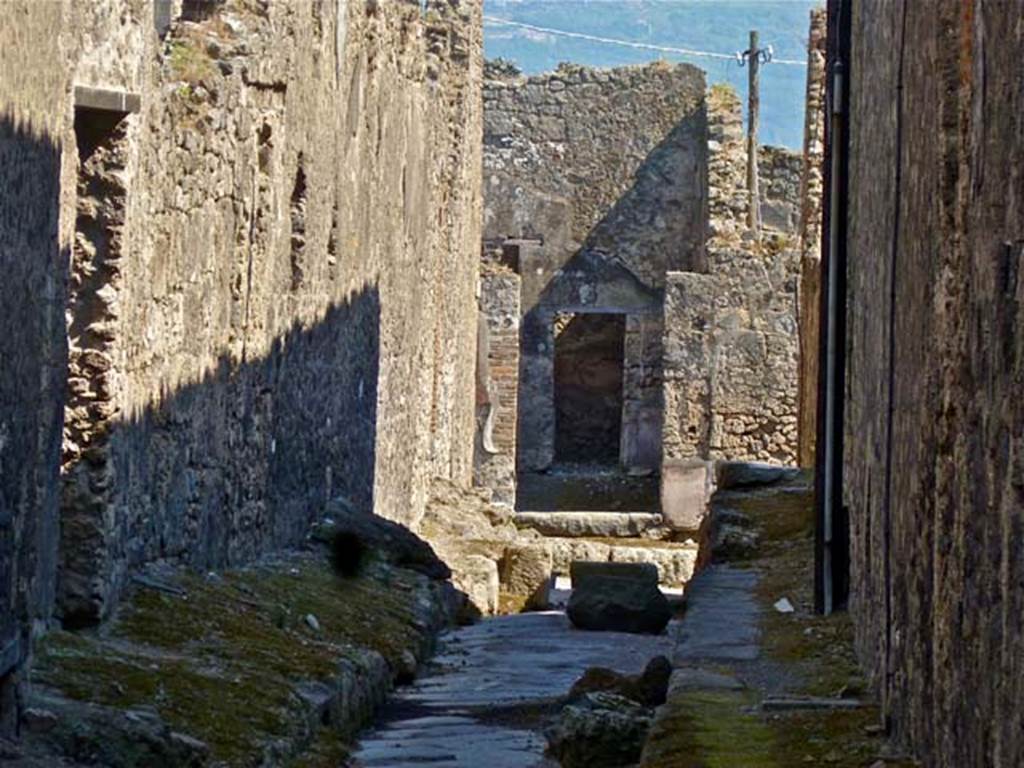 VII.6.38 Pompeii. May 2011. Entrance doorway, on left. Looking south along Vicolo del Farmacista.  Photo courtesy of Michael Binns.
