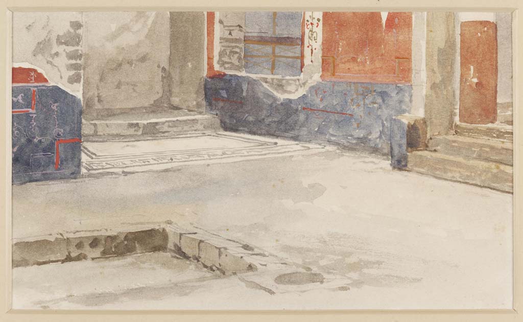 VII.7.5 Pompeii. Undated watercolour by Luigi Bazzani. Looking across atrium towards west ala (e).
Photo © Victoria and Albert Museum. Inventory number 2041-1900.
