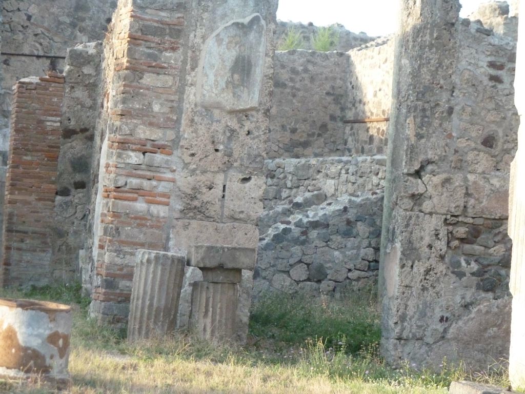 VII.7.10 Pompeii. September 2015. Looking north-east from entrance doorway across atrium.
On the left is the east side of the tablinum (k), and the doorway to oecus (n) on east side of tablinum, on right.
In oecus (n), the painting described as the birth of Rome showing the wolf with the twins Romulus and Remus would have been seen, prior to the 1943 bombing.  The painting was destroyed. This painting gave the name to the house.
