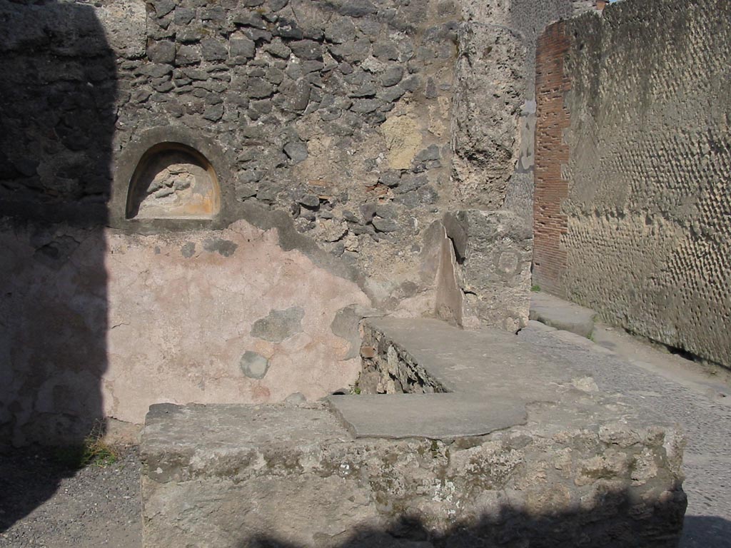 VII.7.11 Pompeii. May 2003. Looking across counter towards east wall with niche. Photo courtesy of Nicolas Monteix.