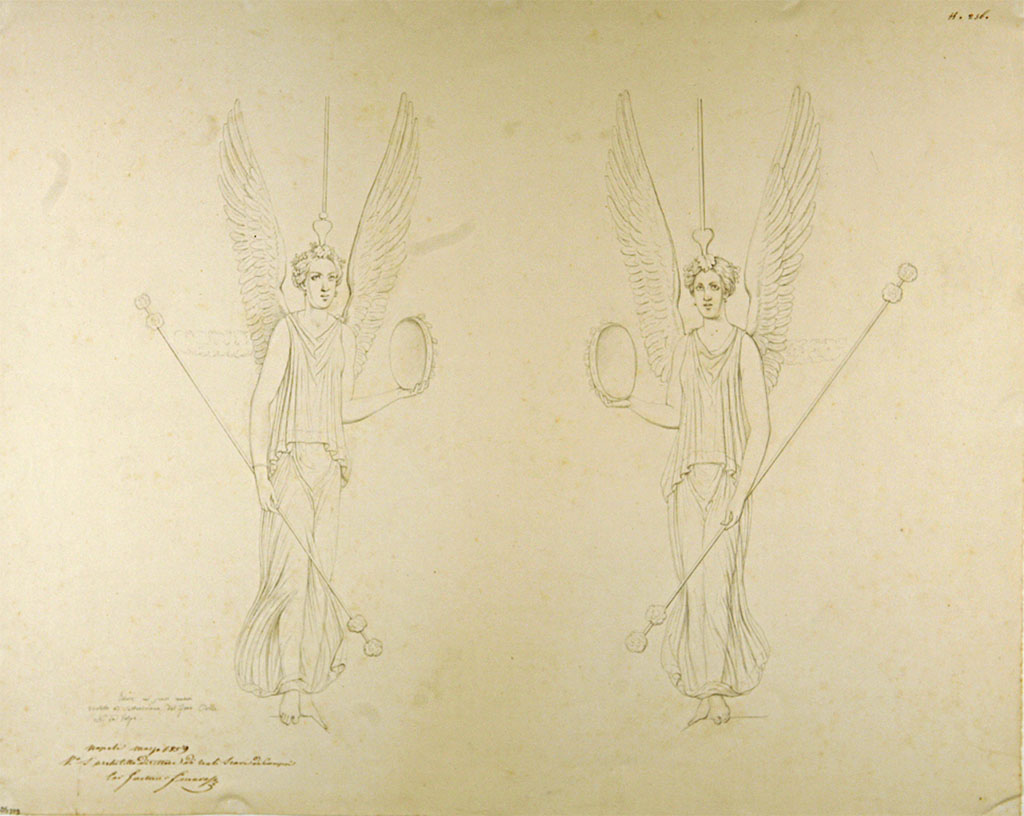 VII.7.19 Pompeii? 1859. Drawing of Maenads by Nicola La Volpe.
These being described as “paintings in the newly excavated vicolo to the north of the civil forum”.
These were not identified in situ, and therefore dubiously attributed to this house on the base of the captions.
Now in Naples Archaeological Museum. Inventory number ADS 709.
Photo © ICCD. https://www.catalogo.beniculturali.it
Utilizzabili alle condizioni della licenza Attribuzione - Non commerciale - Condividi allo stesso modo 2.5 Italia (CC BY-NC-SA 2.5 IT)
