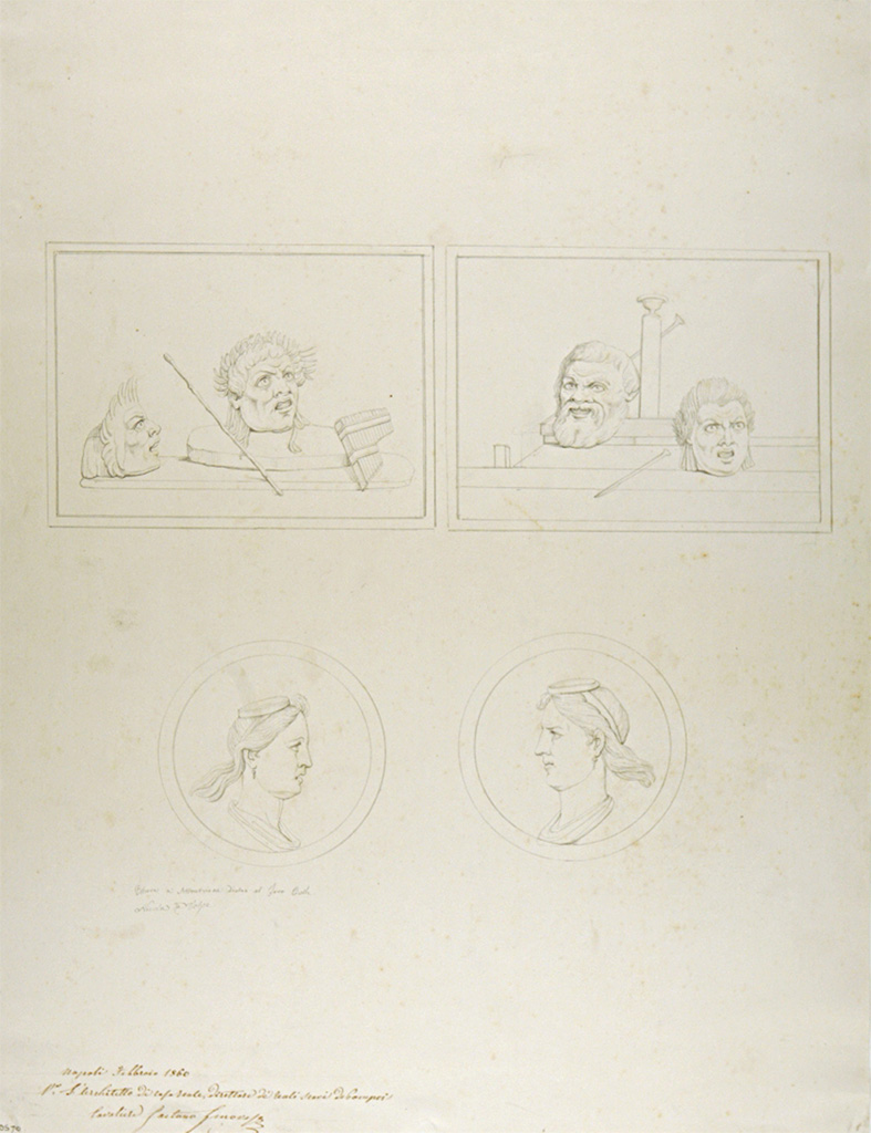 VII.7.19 Pompeii? Drawing by Nicola La Volpe, 1860, showing  panels of still-lifes with masks, and medallions with feminine heads.
These being described as “paintings to the north behind the civil forum”.
These were not identified in situ, and therefore dubiously attributed to this house on the base of the captions.
Now in Naples Archaeological Museum. Inventory number ADS 710.
Photo © ICCD. https://www.catalogo.beniculturali.it
Utilizzabili alle condizioni della licenza Attribuzione - Non commerciale - Condividi allo stesso modo 2.5 Italia (CC BY-NC-SA 2.5 IT)
