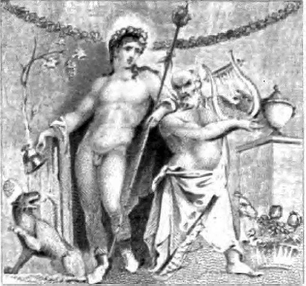 VII.7.30/32 Pompeii. 1852 drawing by Gell of the painting of Bacchus and Silenus. Small room at the rear of the temple.
According to Kuivalainen: There are four 19th century versions of this painting, with only minor differences between them. The basic composition is with two persons. An almost naked youth with a cloak around his arms and wearing boots stands in the middle, leaning on the shoulder of Silenus, who plays the lyre; the youth pours wine from a cantharus in his right hand. In the foreground, on the left, sits a panther with left foreleg raised (in three versions, interpreted as a winged cupid in one) drinking the wine. In the background, a landscape with rocks and a vine, on the right side a basket full of fruit and a crater on a short pillar. 
Gell claims that the painting "had been anciently removed from another situation" and neatly fastened.
The drawing published by Gell is not as precise as the one by Bechi.
See Kuivalainen, I., 2021. The Portrayal of Pompeian Bacchus. Commentationes Humanarum Litterarum 140. Helsinki: Finnish Society of Sciences and Letters, p. 168.
