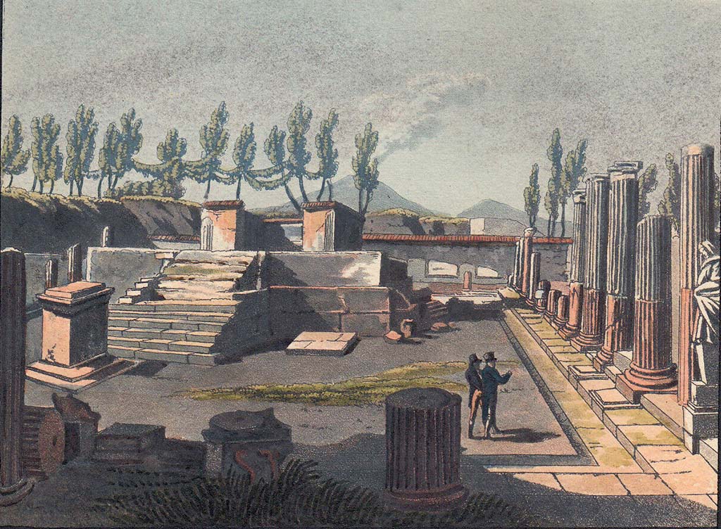 VII.7.32 Pompeii. Pre-1824. Looking north-west from east side.
Pre-1824 aquatint by Jakob Wilhelm Huber, “Intérieur du Temple de Venus”.
See Huber, J. W., 1824. Vues pittoresques des ruines les plus remarquables de l’ancienne ville de Pompei, pl. XI.
