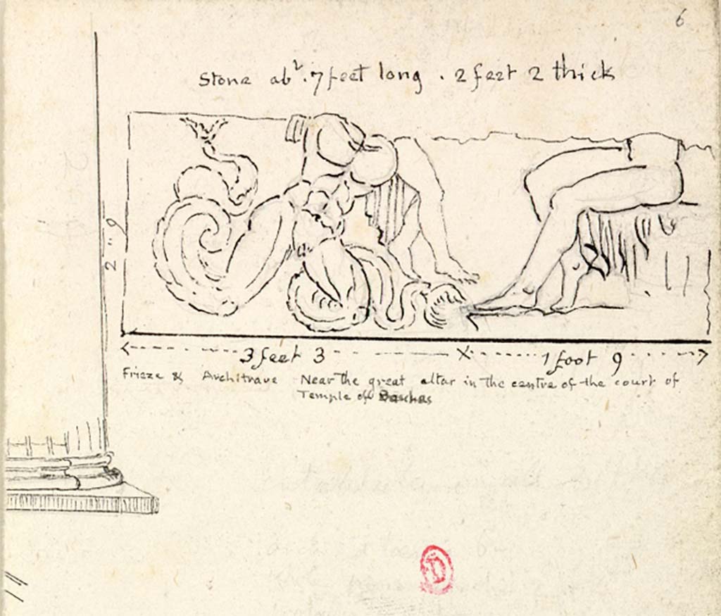 VII.7.32 Pompeii. c.1819 sketch by W. Gell, of "Frieze and Architrave. Near the great altar in the centre of the court of the Temple of Bacchus".    
See Gell W & Gandy, J.P: Pompeii published 1819 [Dessins publiés dans l'ouvrage de Sir William Gell et John P. Gandy, Pompeiana: the topography, edifices and ornaments of Pompei, 1817-1819], pl. 69.
See book in Bibliothèque de l'Institut National d'Histoire de l'Art [France], collections Jacques Doucet Gell Dessins 1817-1819
Use Etalab Open Licence ou Etalab Licence Ouverte
