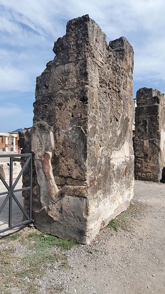 VII.7.32 Pompeii. August 2021. 
Looking towards detail from south side of east wall between entrances from interior of Temple. 
Foto Annette Haug, ERC Grant 681269 DÉCOR.
