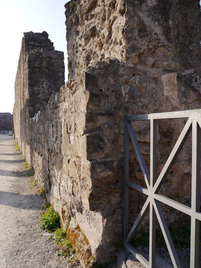 VII.7.32 Pompeii. March 2019. South side of “closed doorway”, looking south along west wall of Forum.
Foto Anne Kleineberg, ERC Grant 681269 DÉCOR.
