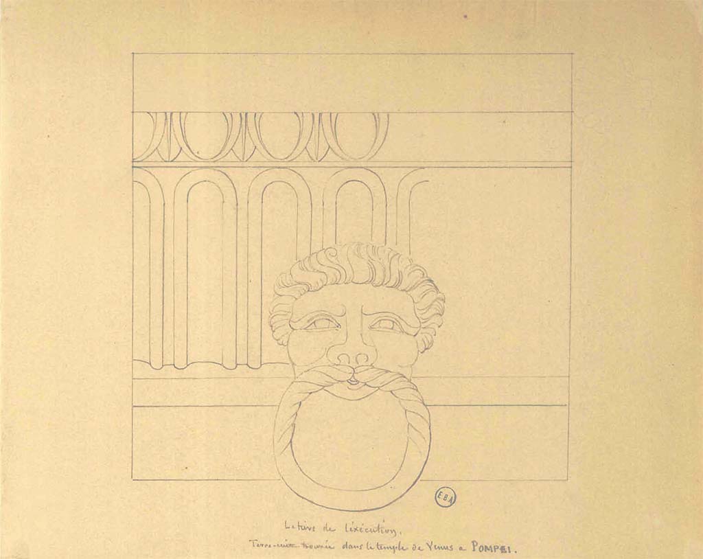 VII.7.32 Pompeii, described as " Terre-cuite trouvée dans le Temple de Vénus à Pompéi ". Sketch of terracotta decoration.
See Lesueur, Jean-Baptiste Ciceron. Voyage en Italie de Jean-Baptiste Ciceron Lesueur (1794-1883), pl. 30.
See Book on INHA reference INHA NUM PC 15469 (04)  « Licence Ouverte / Open Licence » Etalab
