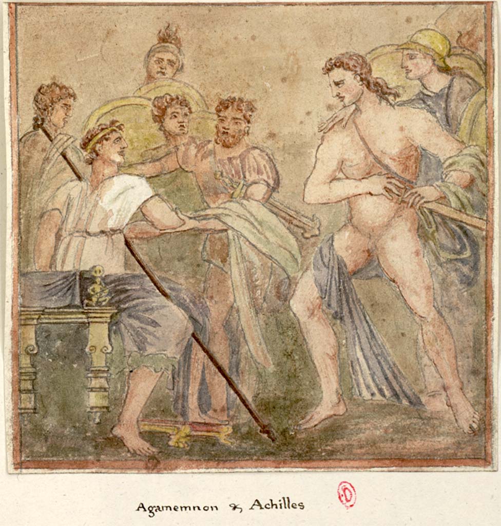 VII.7.32, Pompeii. c.1819 painting by W. Gell, of Agamemnon and Achilles.
See Gell W & Gandy, J.P: Pompeii published 1819 [Dessins publiés dans l'ouvrage de Sir William Gell et John P. Gandy, Pompeiana: the topography, edifices and ornaments of Pompei, 1817-1819], pl. 70.
See book in Bibliothèque de l'Institut National d'Histoire de l'Art [France], collections Jacques Doucet Gell Dessins 1817-1819
Use Etalab Open Licence ou Etalab Licence Ouverte
