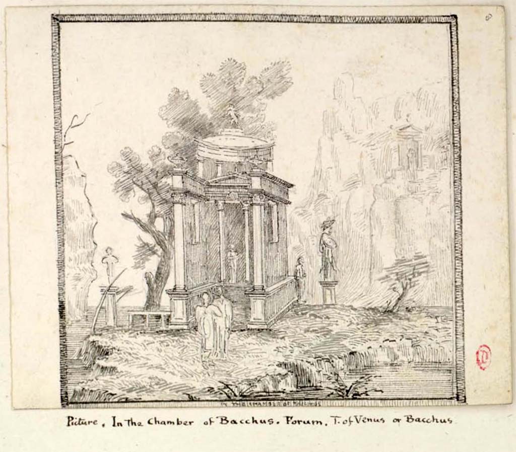 VII.7.32 Pompeii. Between 1819 and 1832, drawing by W. Gell of a painting seen “In the chamber of Bacchus”.
See Gell, W. Pompeii unpublished [Dessins de l'édition de 1832 donnant le résultat des fouilles post 1819 (?)] vol II, pl. 78.
Bibliothèque de l'Institut National d'Histoire de l'Art, collections Jacques Doucet, Identifiant numérique Num MS180 (2).
See book in INHA Use Etalab Licence Ouverte
