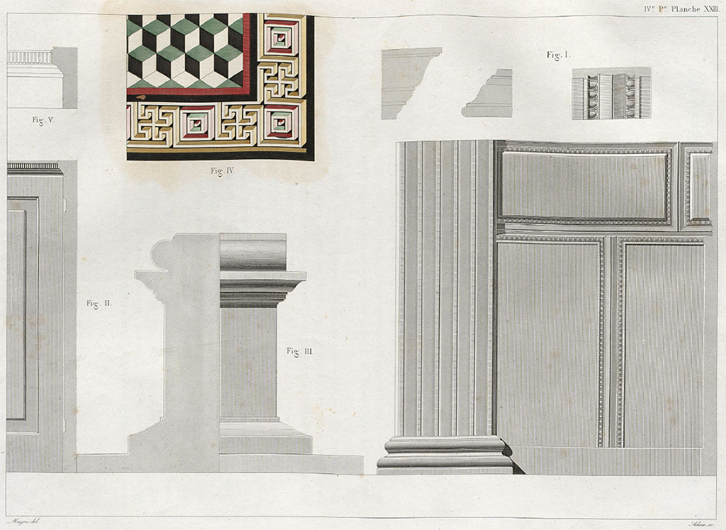 VII.7.32 Pompeii. Detail of mosaic floor, and stucco from the ruined walls of the cella on top of the podium, by Mazois. 
Fig. I: a part of the exterior side wall with its pilaster, and the slits which decorate it on the exterior.
Fig. II: represents the inner base of the walls of the cella,
Fig. III: detail of the altar, the left part shows half of the smallest side: the other half offers the profile only of the larger side, 
Fig. IV: showing the flooring of the cella in coloured marble,
Fig. V: showing on a larger scale, the detail of the upper part of this decoration (see Fig. II), made of stucco and whose elongated denticles are noticeable.
See Mazois, F., 1838. Les Ruines de Pompei : Quatrième Partie. Paris : Didot Frères, pl. XXIII, and p. 44.
