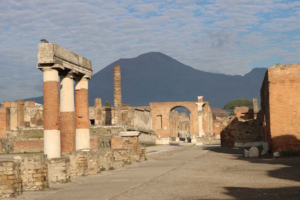 VII.8 Pompeii Forum. December 2018. 
Looking towards north-east side of Forum, from the rear of Eumachia’s portico. Photo courtesy of Aude Durand.
