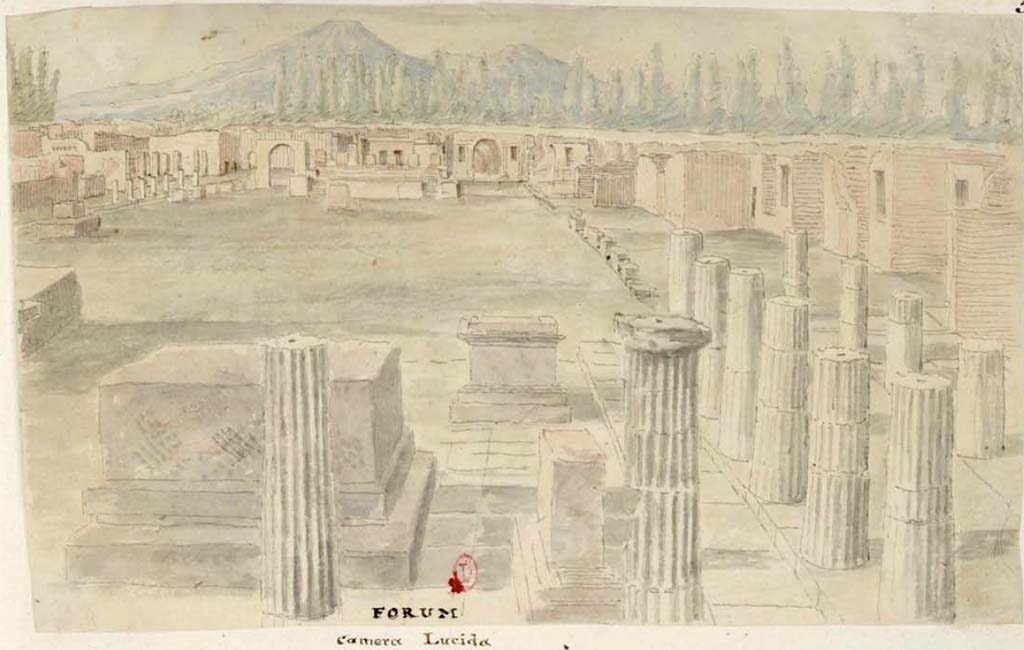 VII.8 Pompeii Forum. Between 1819 and 1832. Painting by W. Gell using a camera lucida. Looking north from south-east corner.
See Gell, W. Pompeii unpublished [Dessins de l'édition de 1832 donnant le résultat des fouilles post 1819 (?)] vol II, pl. 5.
Bibliothèque de l'Institut National d'Histoire de l'Art, collections Jacques Doucet, Identifiant numérique Num MS180 (2).
See book in INHA Use Etalab Licence Ouverte
