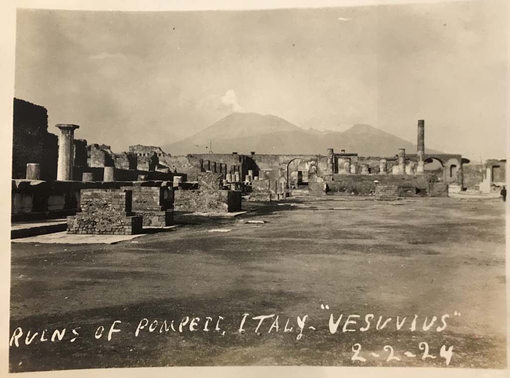 VII.8 Pompeii Forum. 2nd February 1924. Looking north to Vesuvius and north-west corner of Forum.
Photo courtesy of Rick Bauer.

