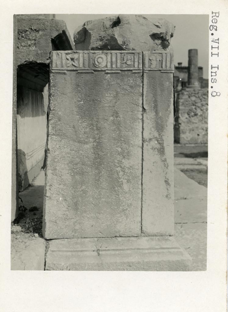 VII.8 Pompeii Forum. Pre-1937-39. 
Looking towards south side of pedestal base for C. Cuspio Pansae in north-west corner.
Photo courtesy of American Academy in Rome, Photographic Archive. Warsher collection no. 1126.
