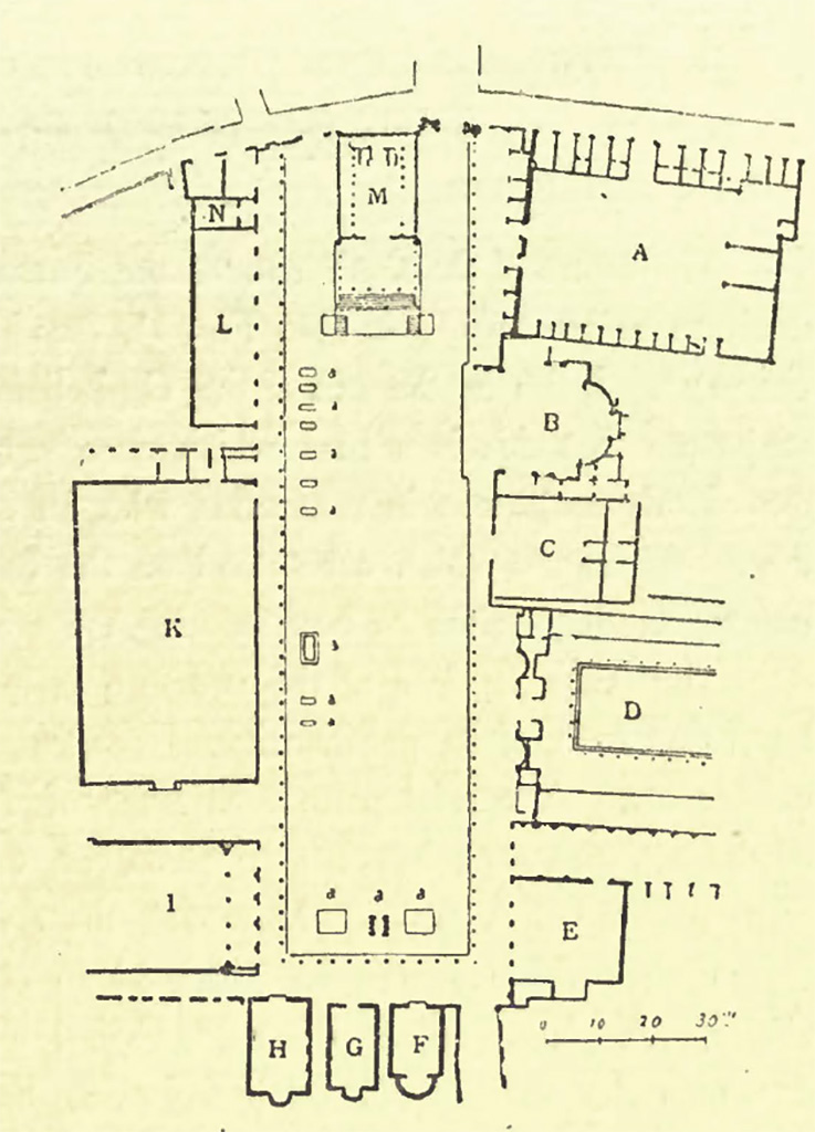 VII.8.00 Pompeii. Plan of Forum.
“The lower part of a similar letter, an L, exists in a block of limestone apparently relaid in antiquity or in modern times, in the open space of the Forum to the west of the north end of the portico in front of the Building of Eumachia.”
See Van Buren, A. W., 1918. The Forum at Pompeii in MAAR Vol II, Fig. 1, p. 71 (and note 3).


